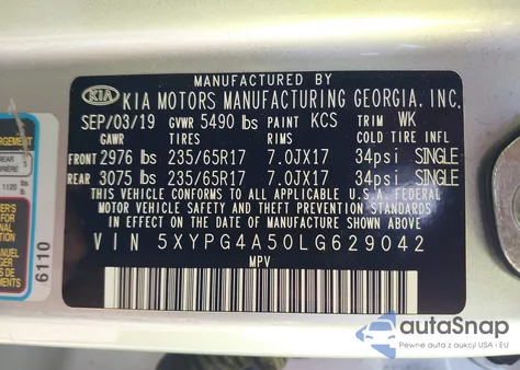 2020 Kia Sorento 3.3L Lx z USA, uszkodzony, nr VIN 5XYPG4A50LG629042